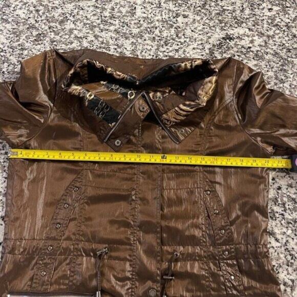 Vintage Y2K Metallic Brown Animal Print Lined Jacket Womens Medium Zip Snap Coat - Picture 8 of 16